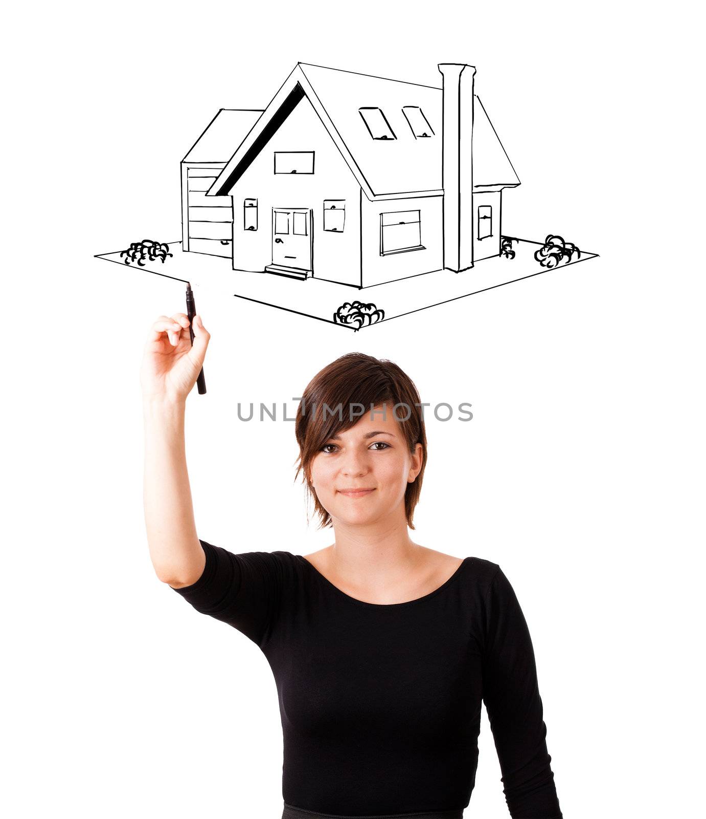 Young woman drawing a house on whiteboard by ra2studio