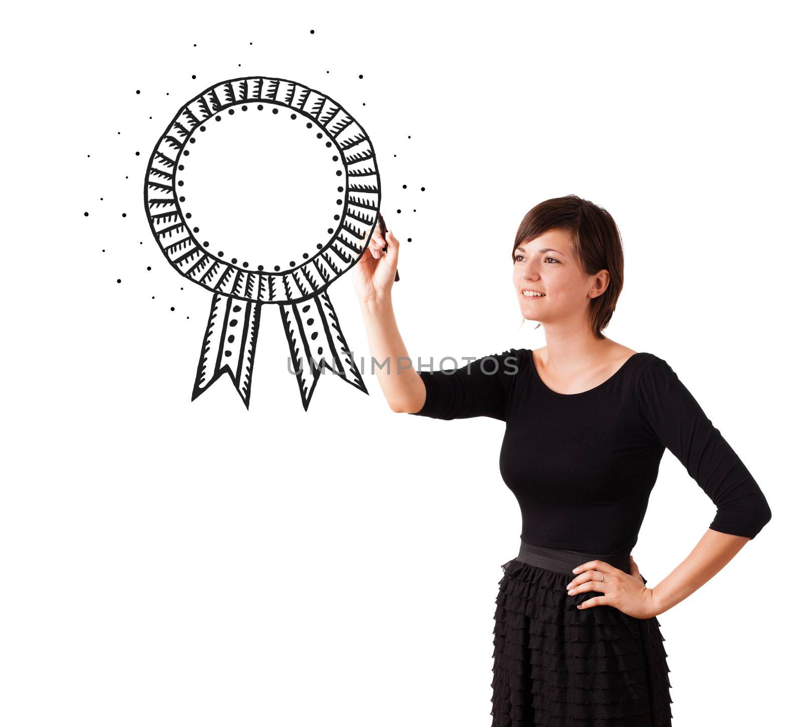 Young woman drawing a ribbon on whiteboard isolated on white