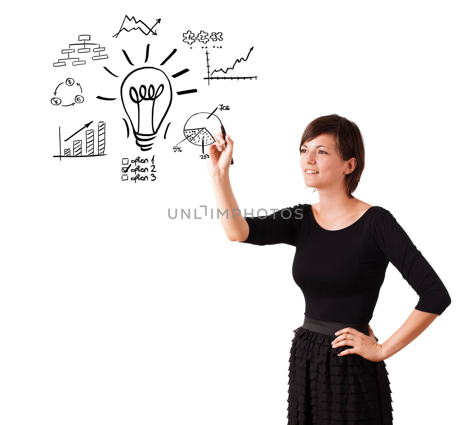 Young business woman drawing light bulb with various diagrams an by ra2studio