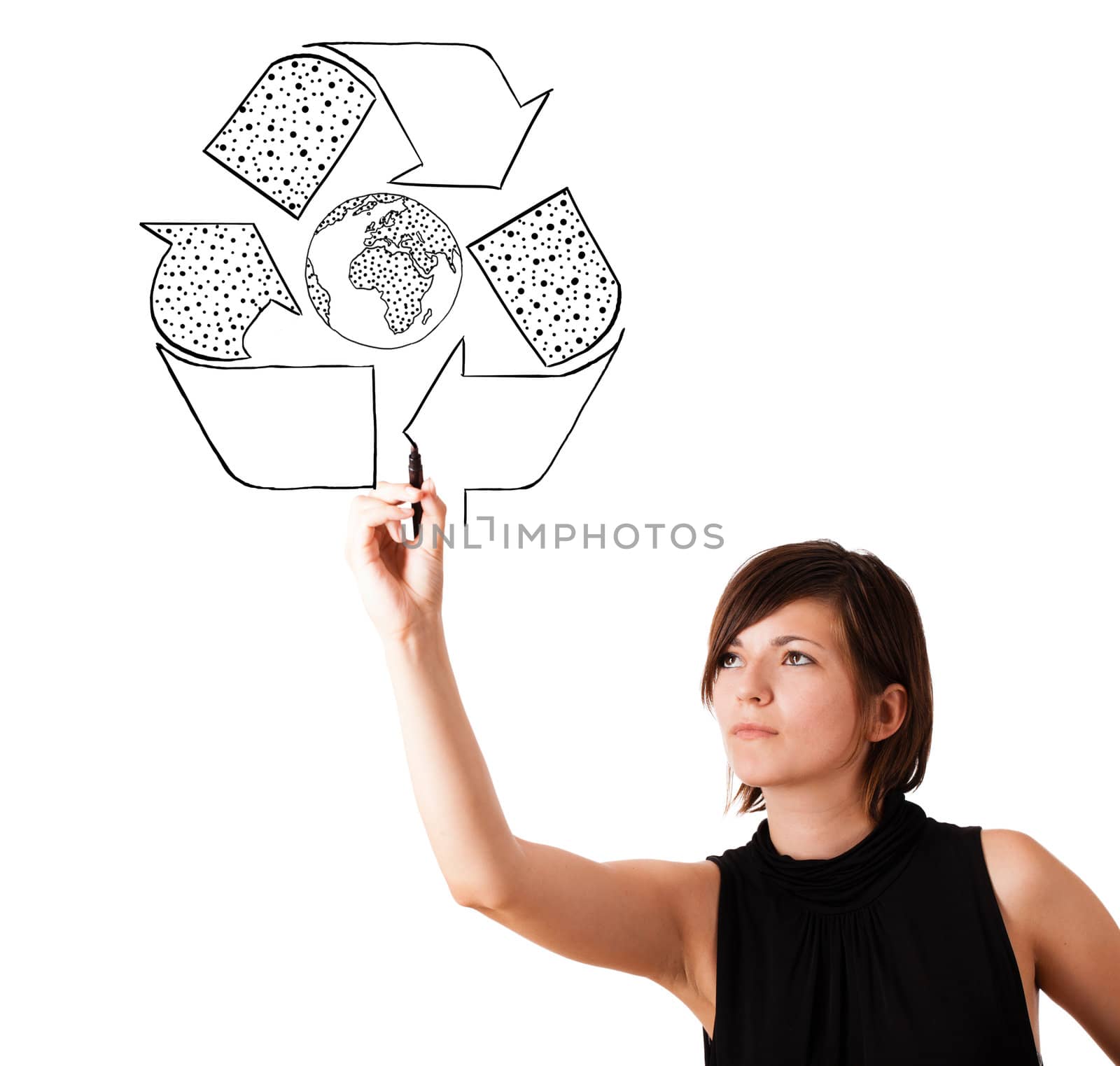 Young woman drawing recycle globe on whiteboard isolated on white