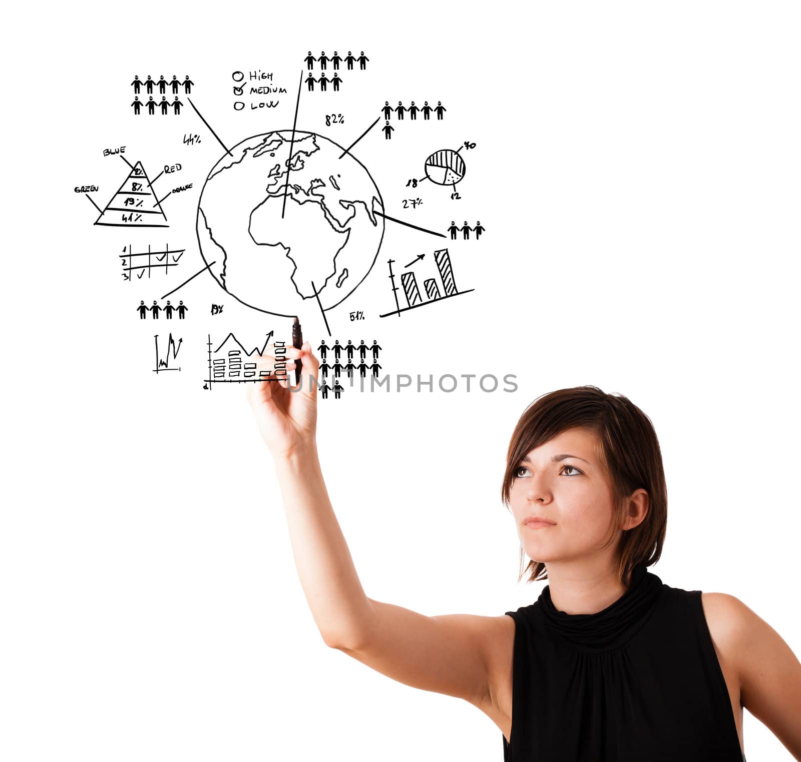 Young woman drawing globe with diagrams isolated on white by ra2studio