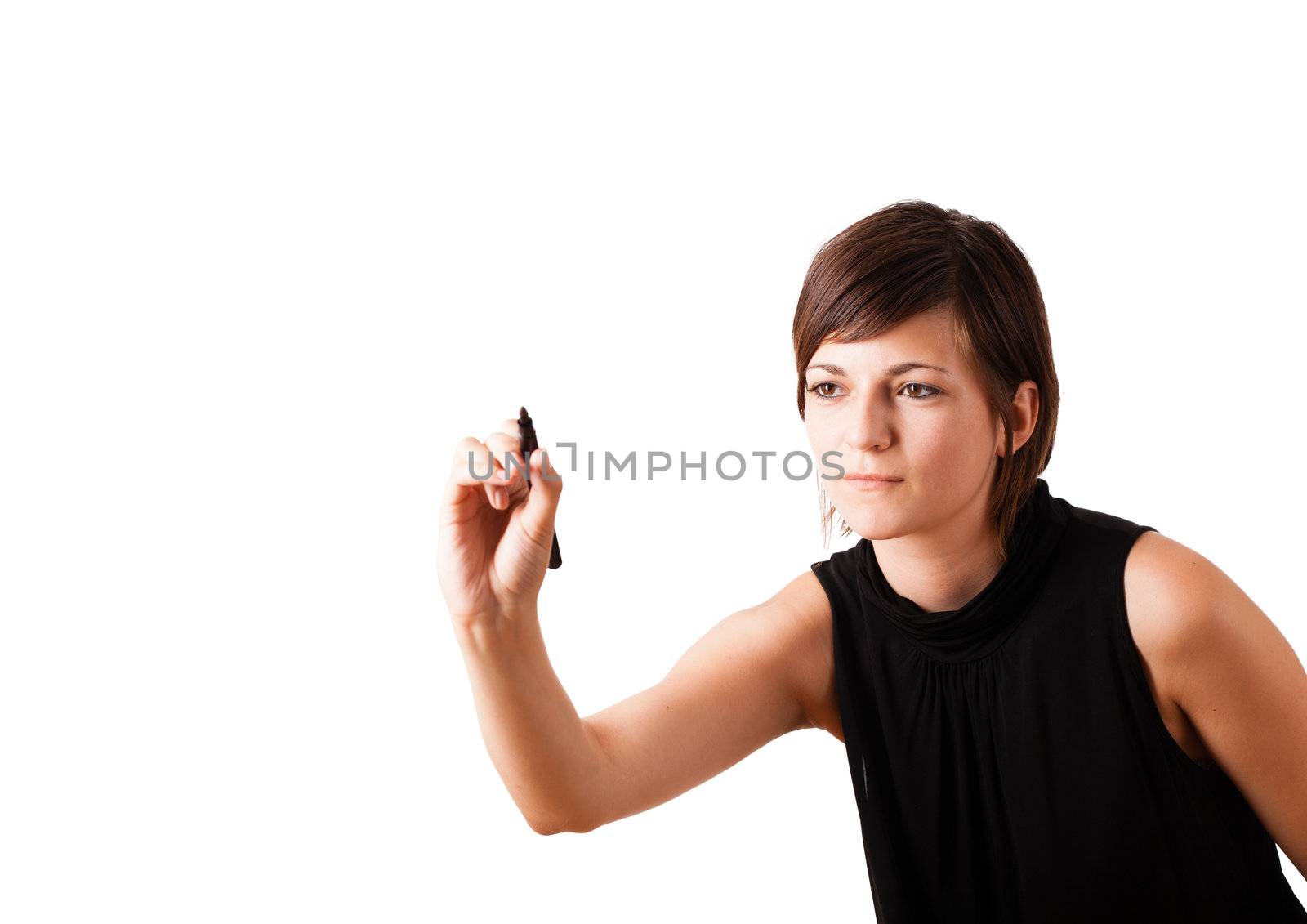 Young woman drawing on wihteboard with white copyspace isolated on white