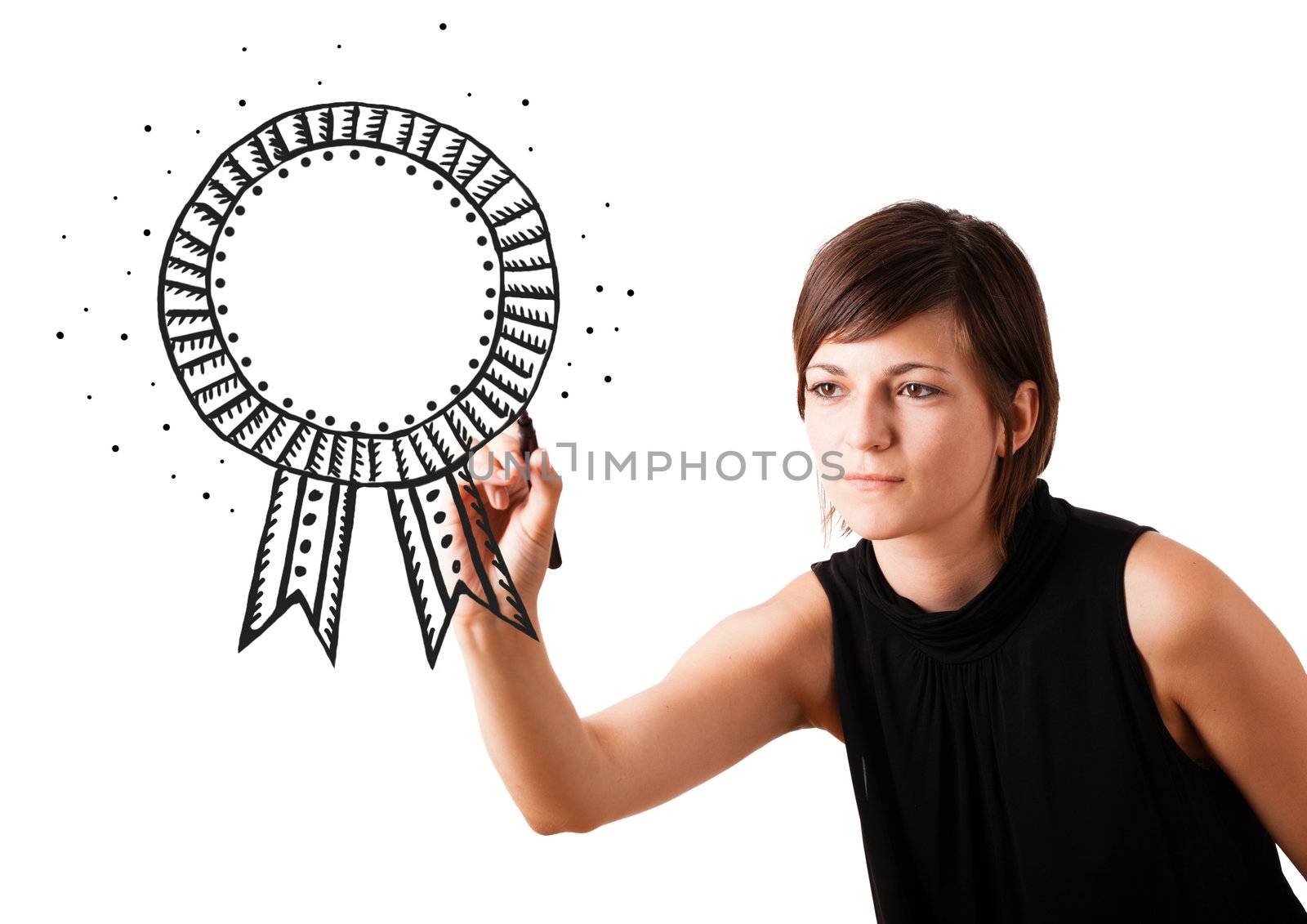 Young woman drawing a ribbon on whiteboard isolated on white