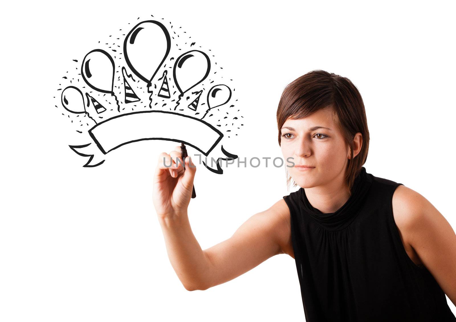 Young girl drawing a party label on whiteboard with copyspace