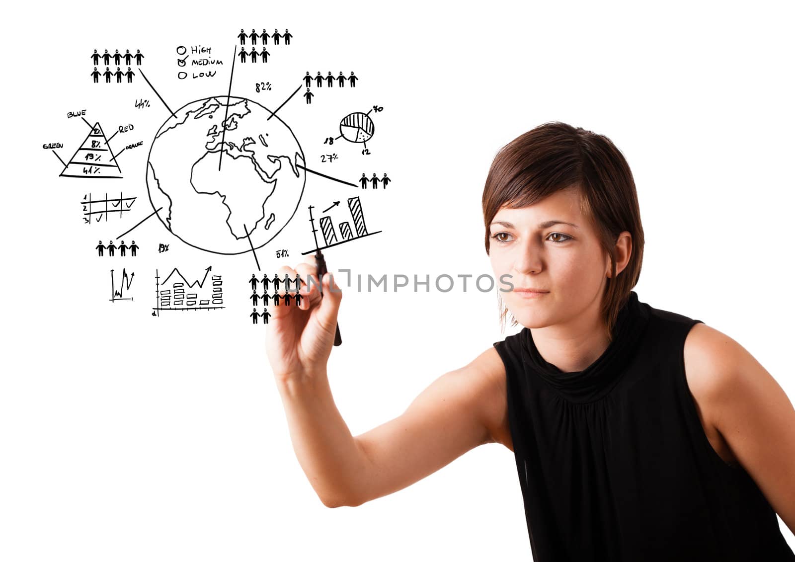 Young woman drawing globe with various diagrams isolated on white