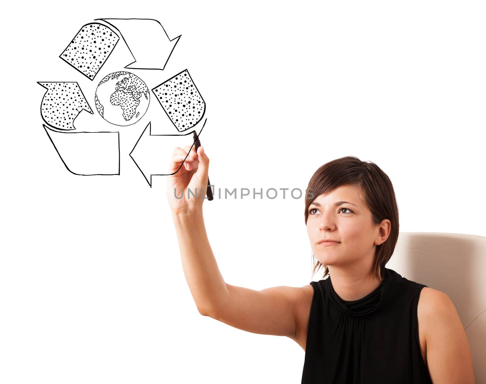 Young woman drawing recycle globe on whiteboard isolated on white