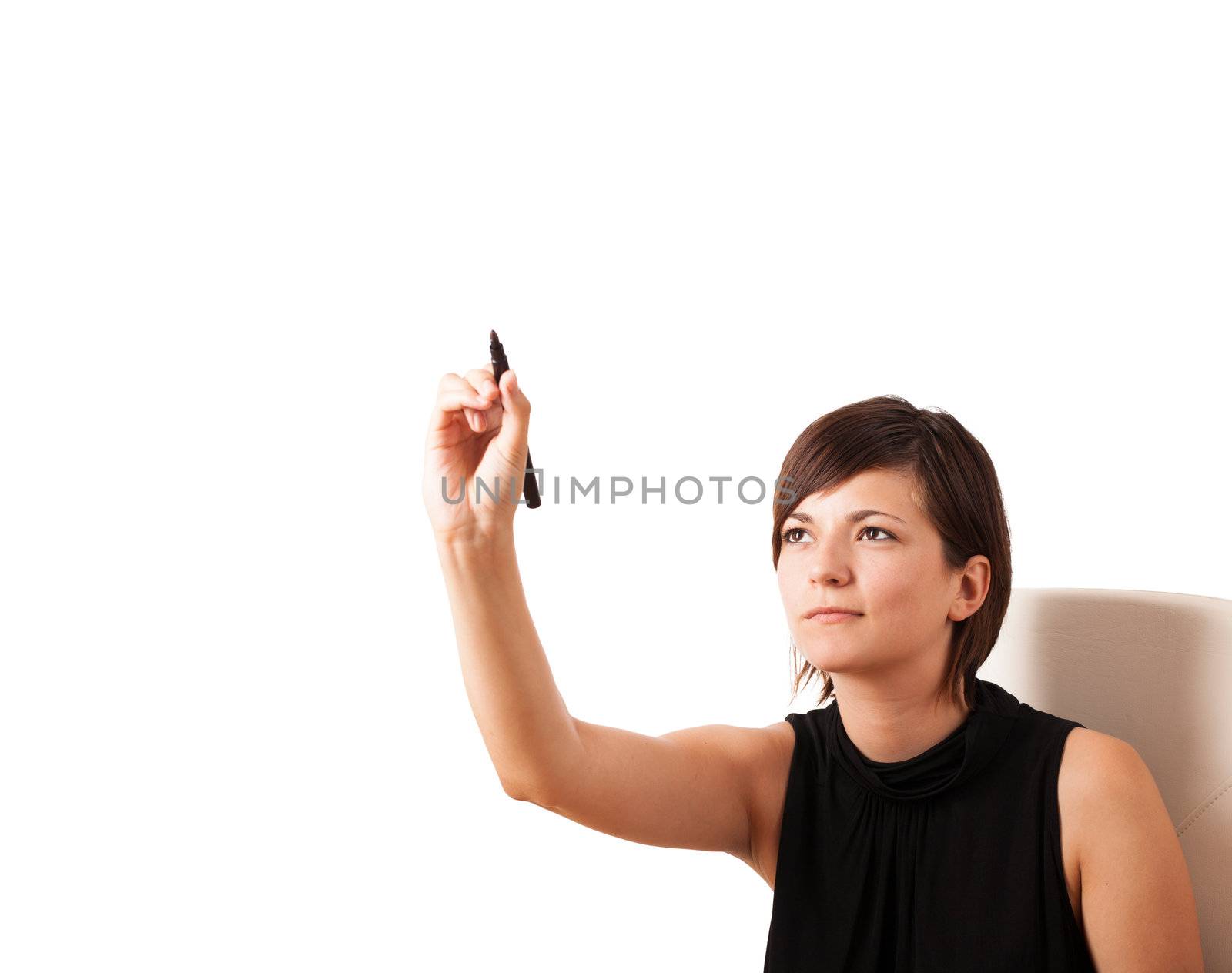 Young woman drawing on wihteboard with white copyspace isolated on white