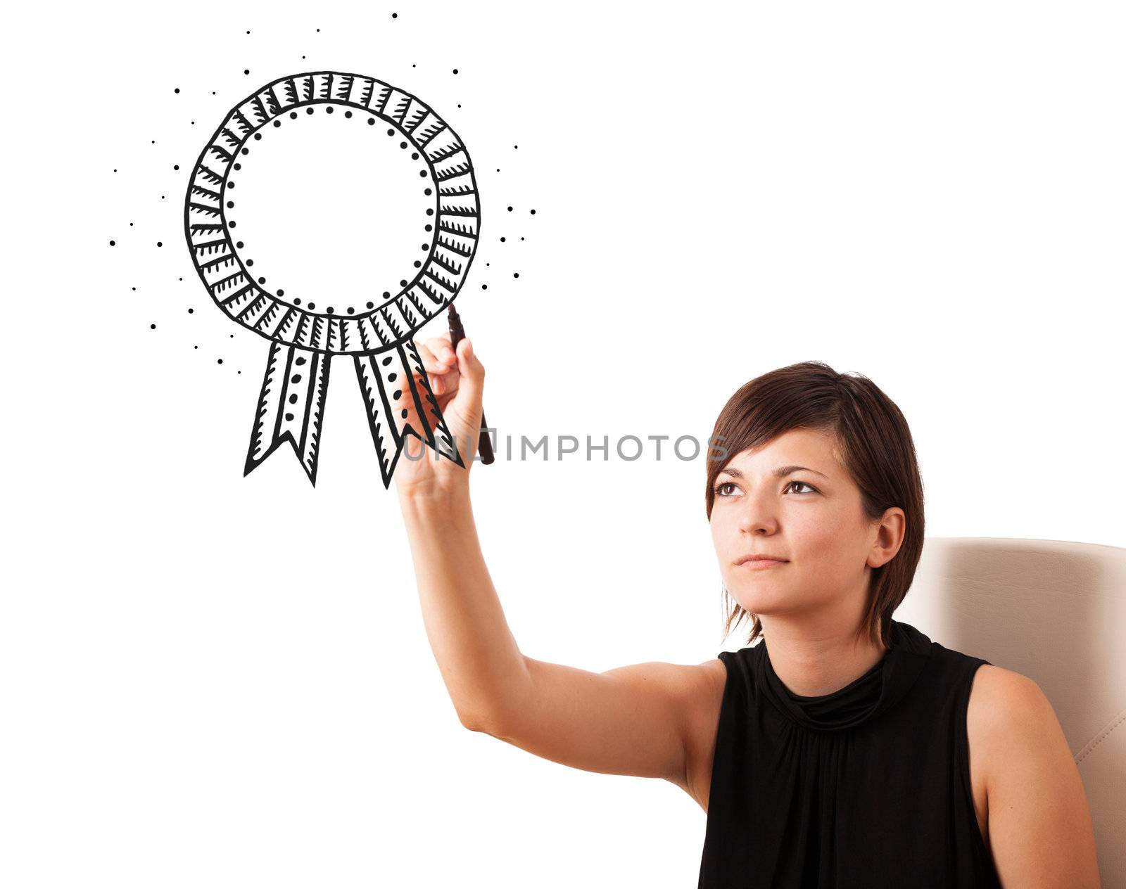 Young woman drawing a ribbon on whiteboard isolated on white