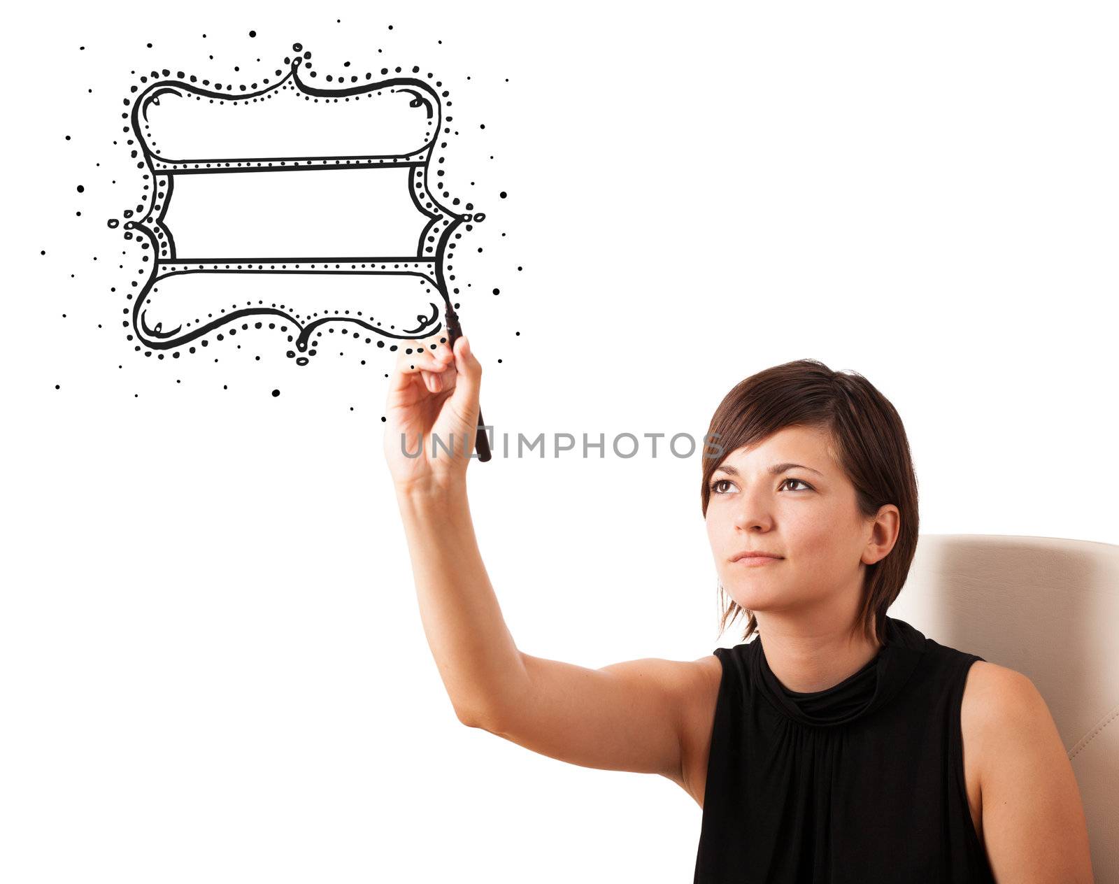 Young woman drawing a quality vintage label isolated on white