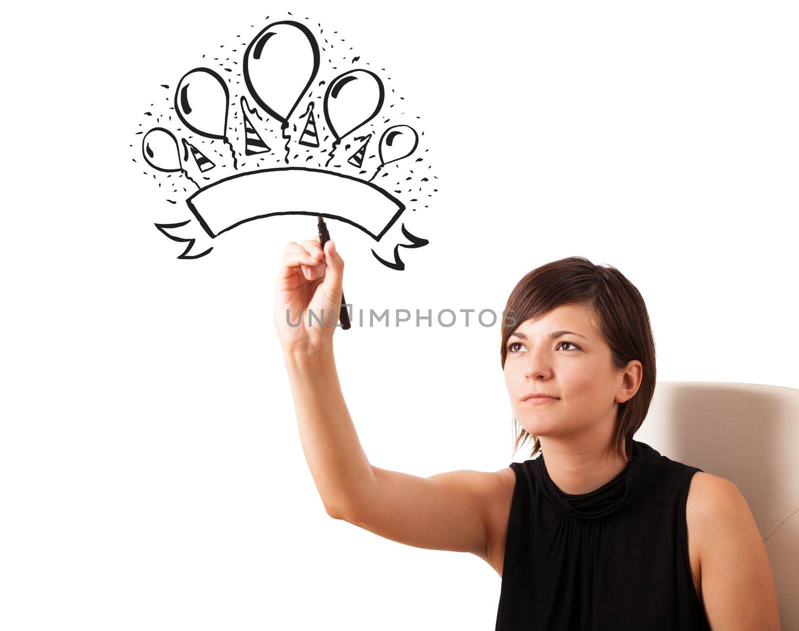 Young girl drawing a party label on whiteboard with copyspace