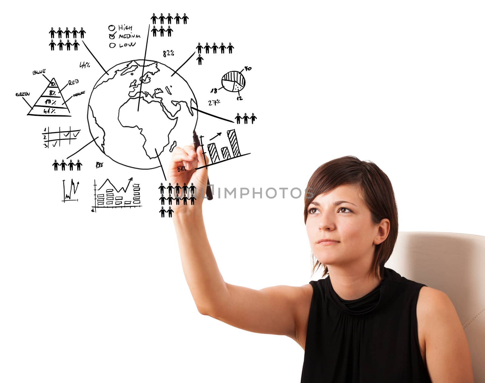 Young woman drawing globe with various diagrams isolated on white