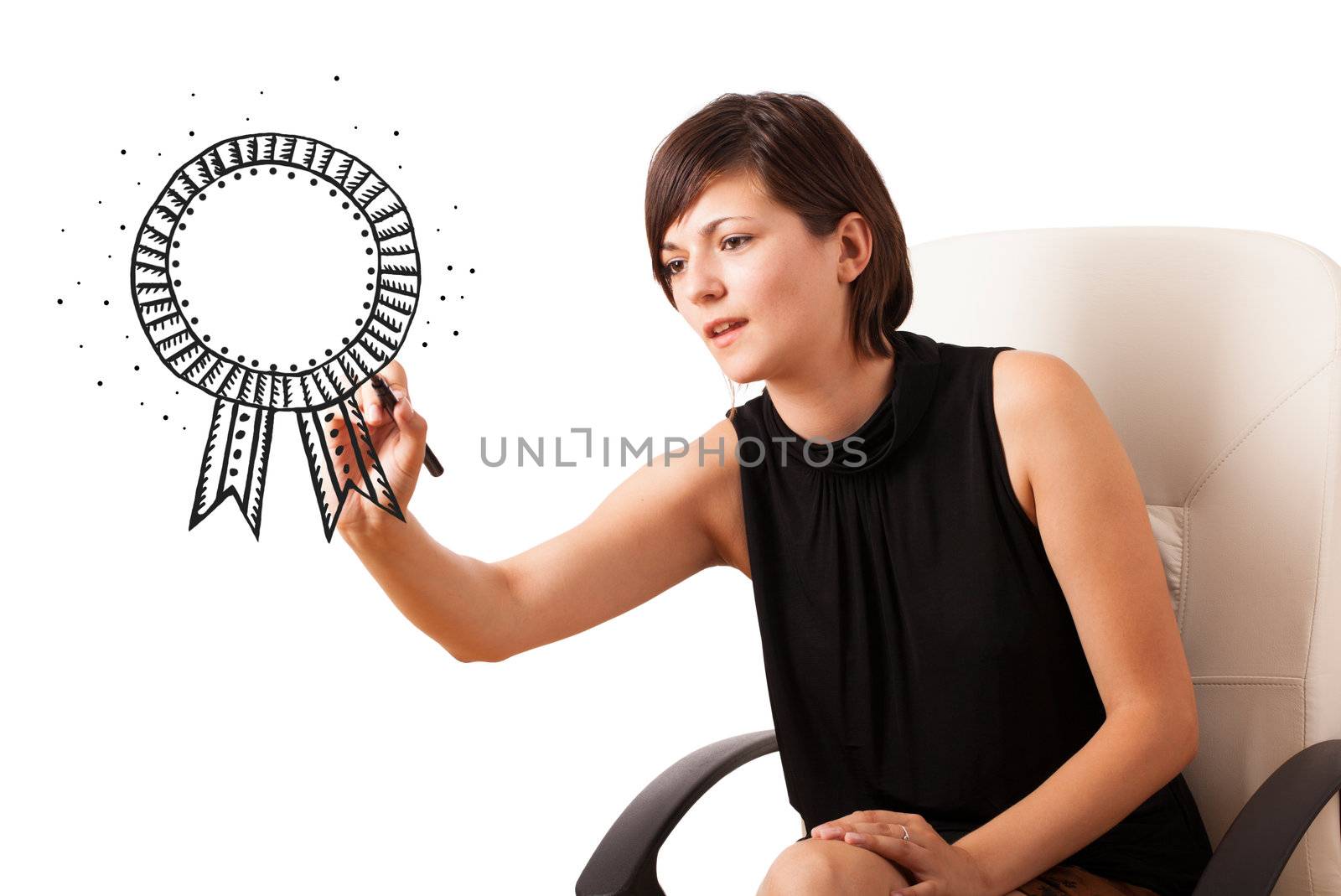 Young woman drawing a ribbon on whiteboard isolated on white