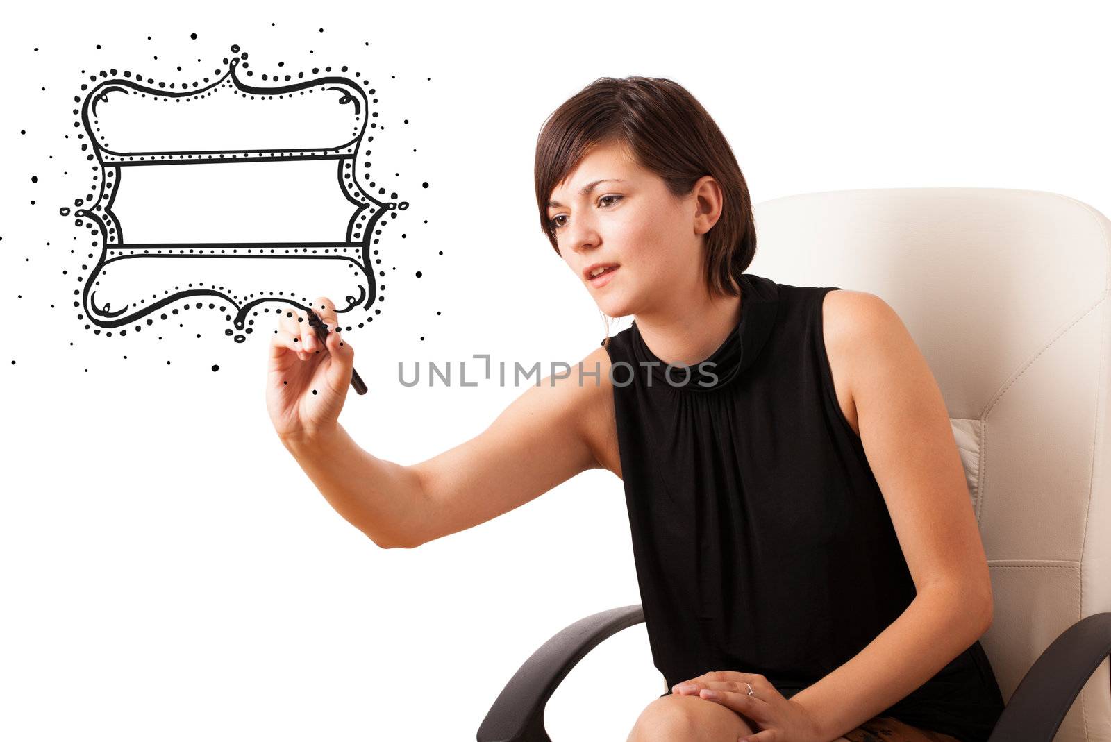 Young woman drawing a quality vintage label isolated on white