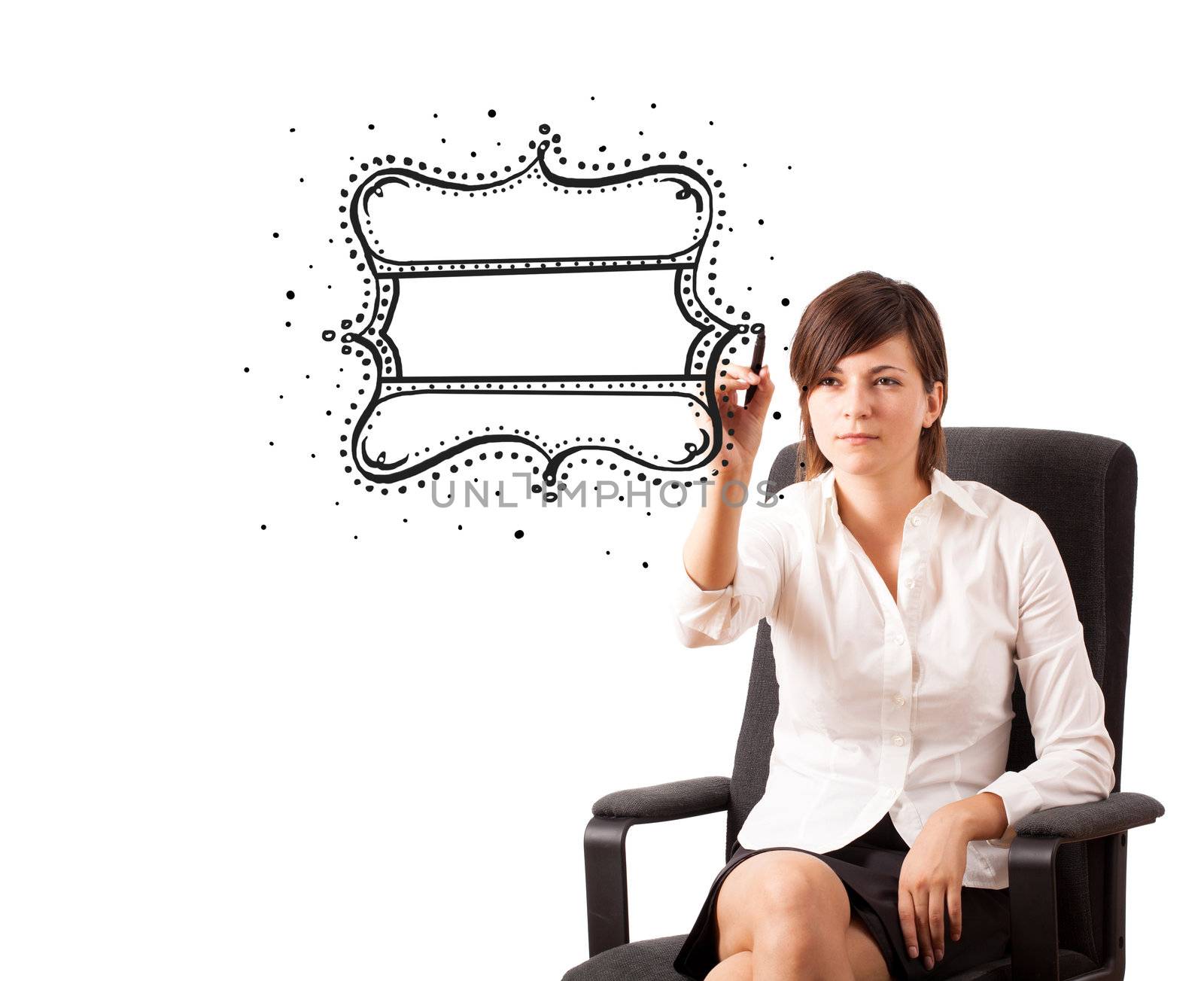 Young woman drawing a quality vintage label isolated on white
