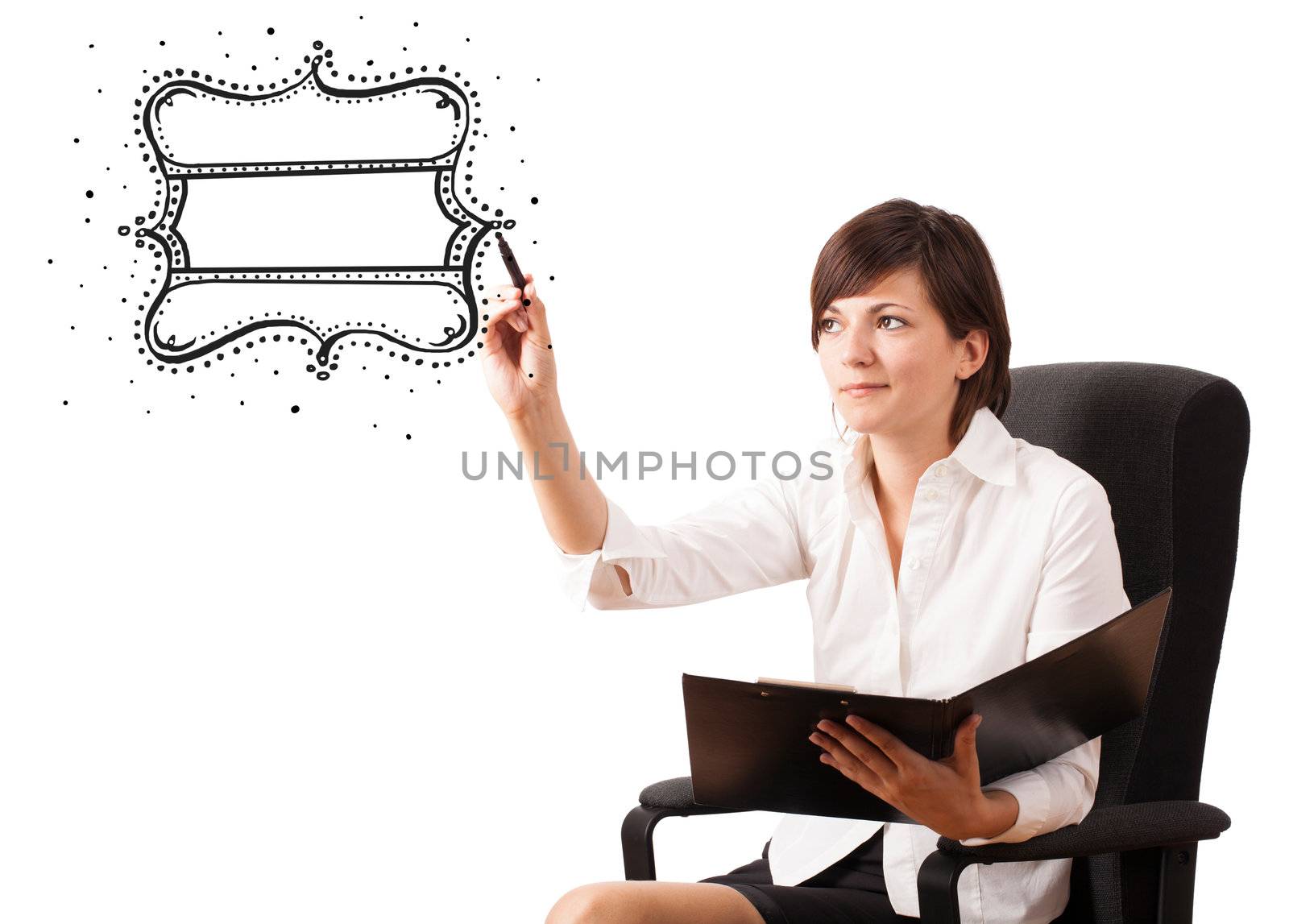 Young woman drawing a quality vintage label isolated on white