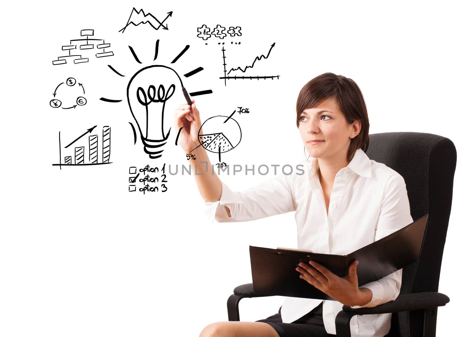 Young business woman drawing light bulb with various diagrams and charts on whiteboard isolated on white