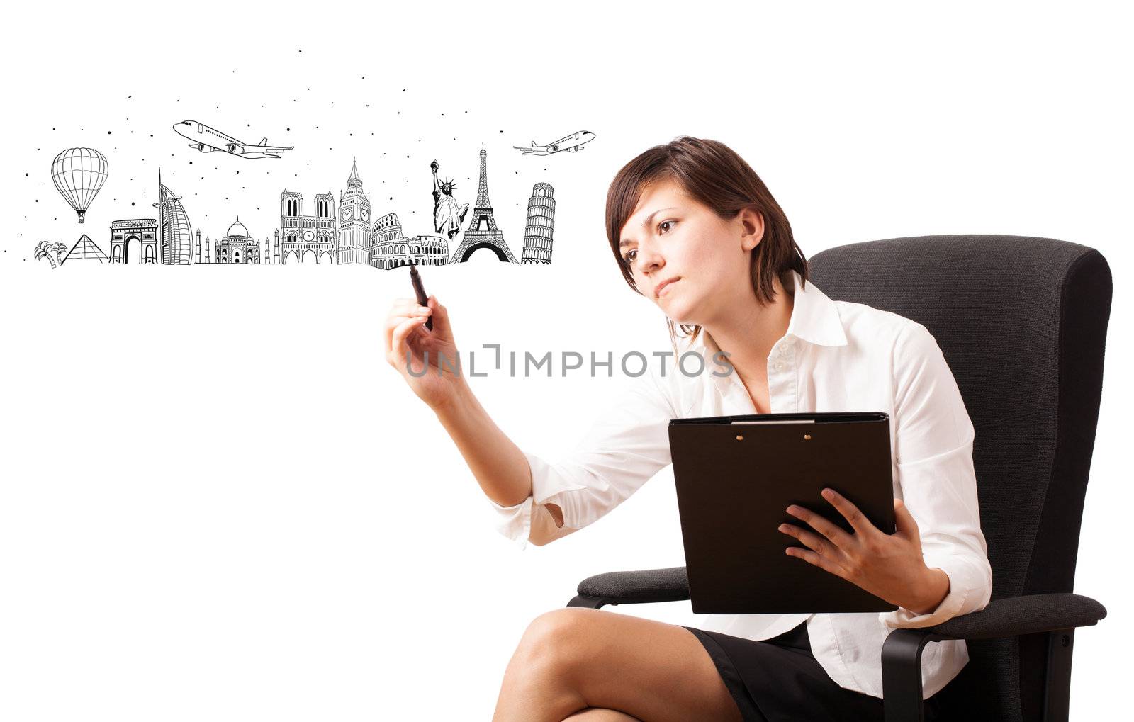 Young woman drawing famous cities and landmarks on whiteboard isolated on white
