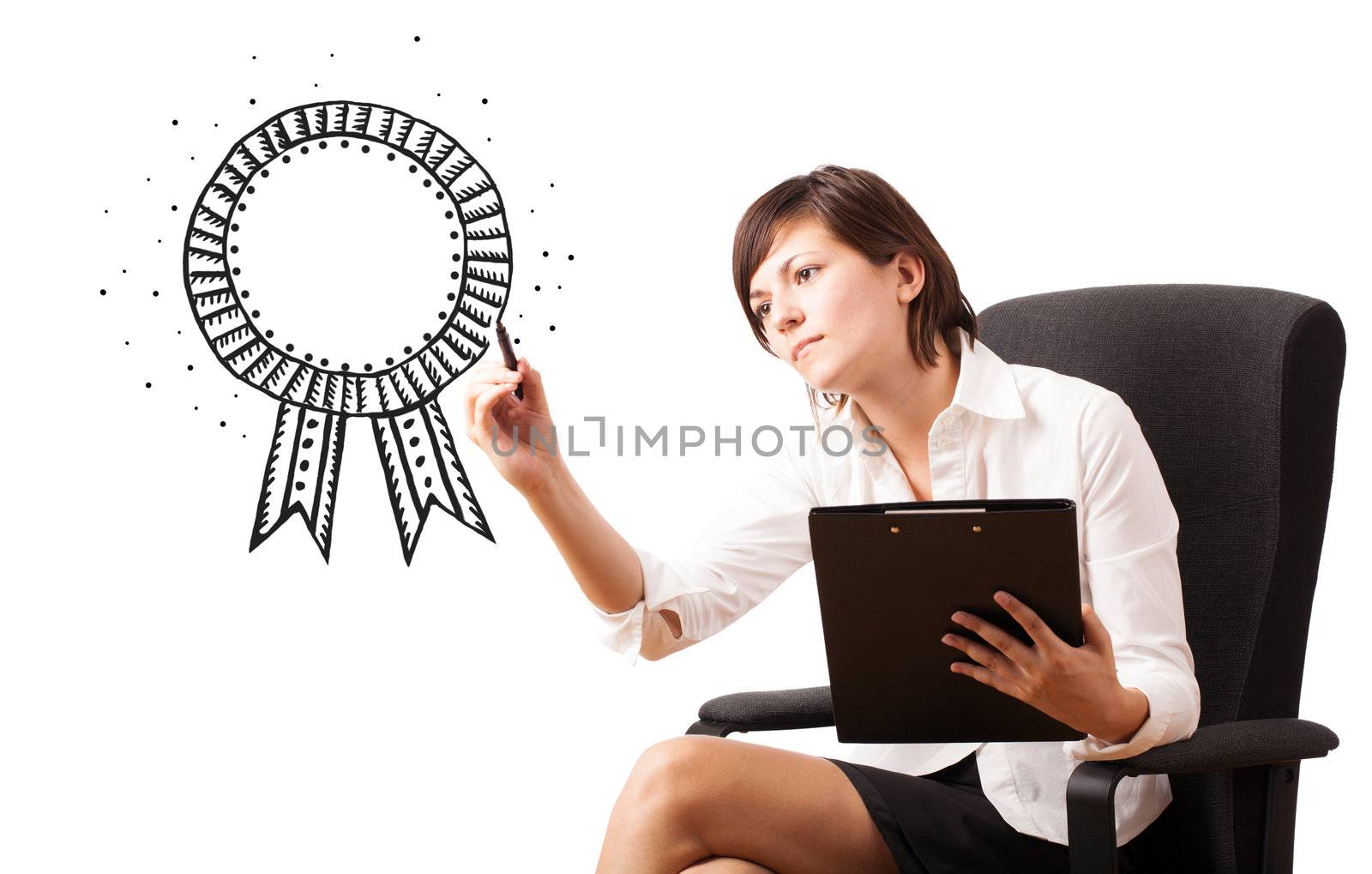 Young woman drawing a ribbon on whiteboard isolated on white