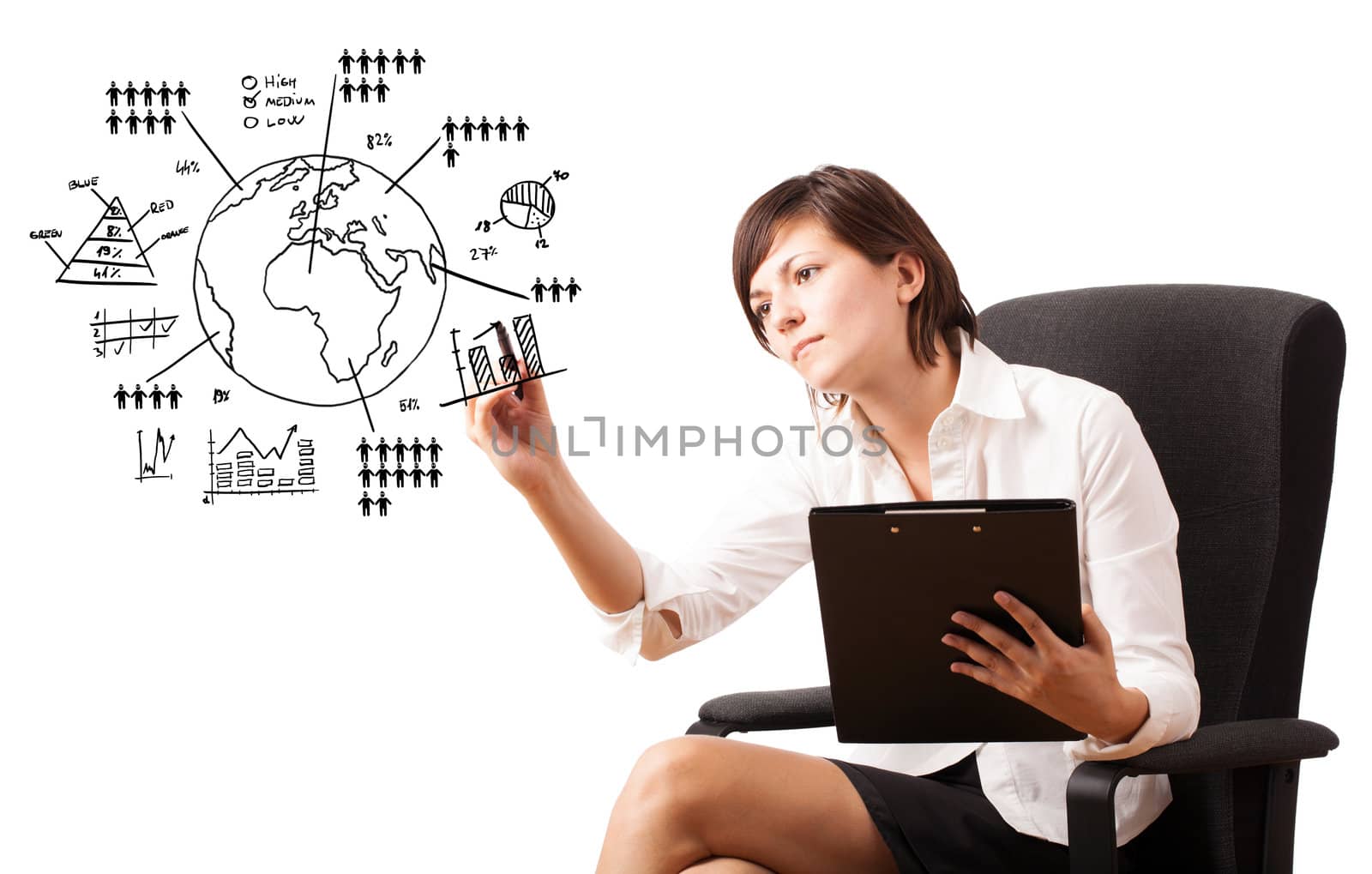 Young woman drawing globe with various diagrams isolated on white