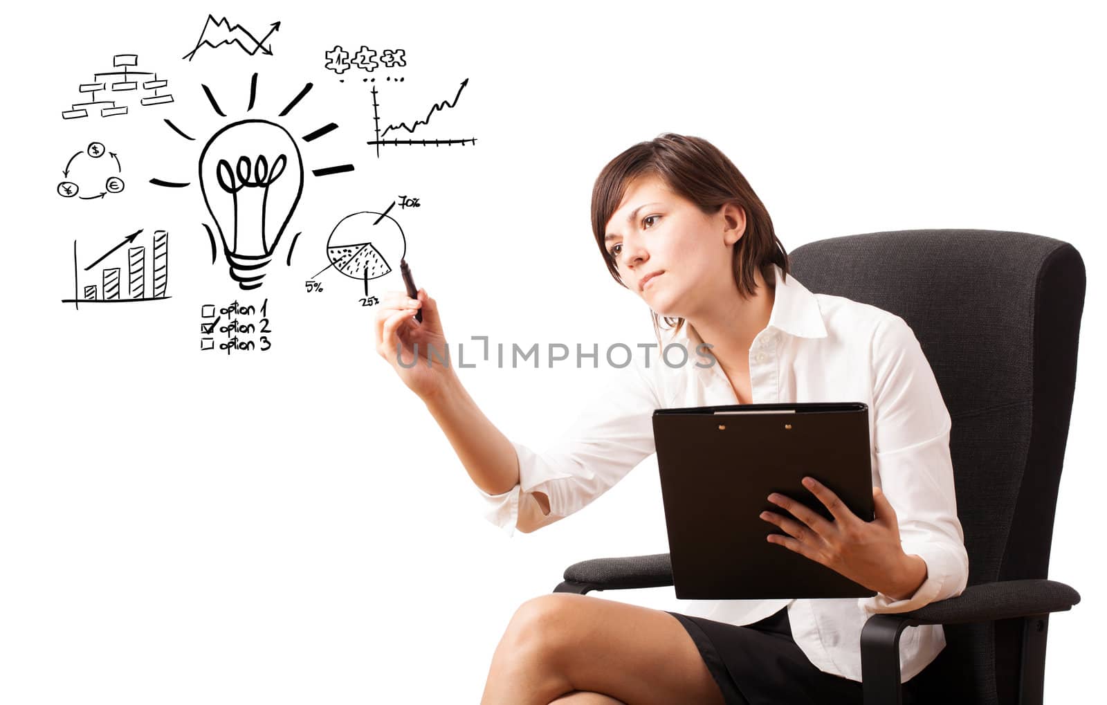 Young business woman drawing light bulb with various diagrams and charts on whiteboard isolated on white