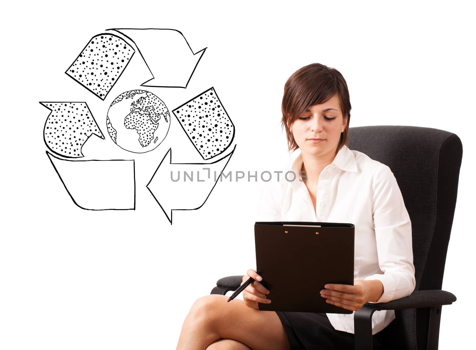 Young woman presenting recycle globe on whiteboard isolated on white