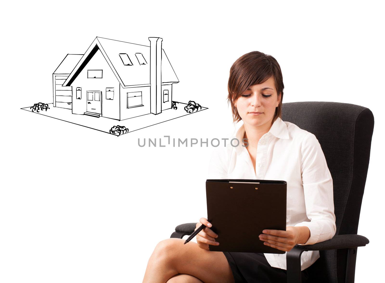 Young business woman presenting a house on whiteboard isolated on white