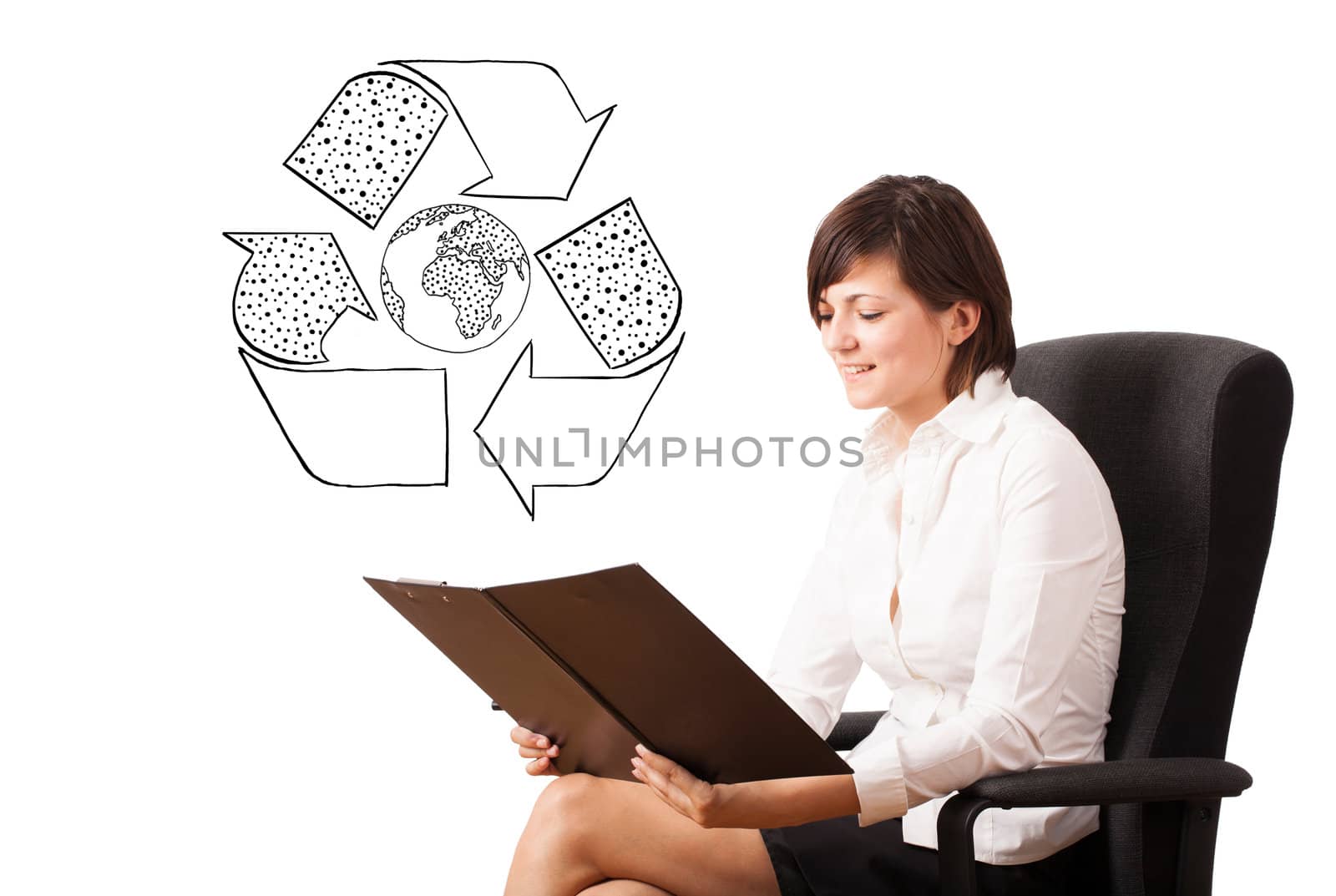 Young woman presenting recycle globe on whiteboard isolated on white