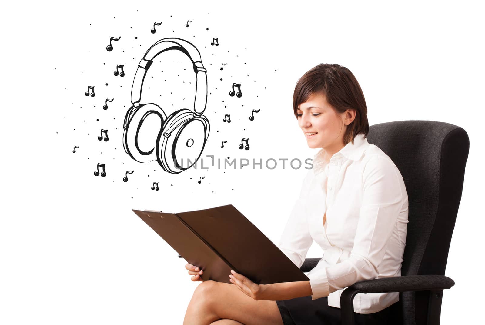 Young girl presenting headphone and musical notes by ra2studio