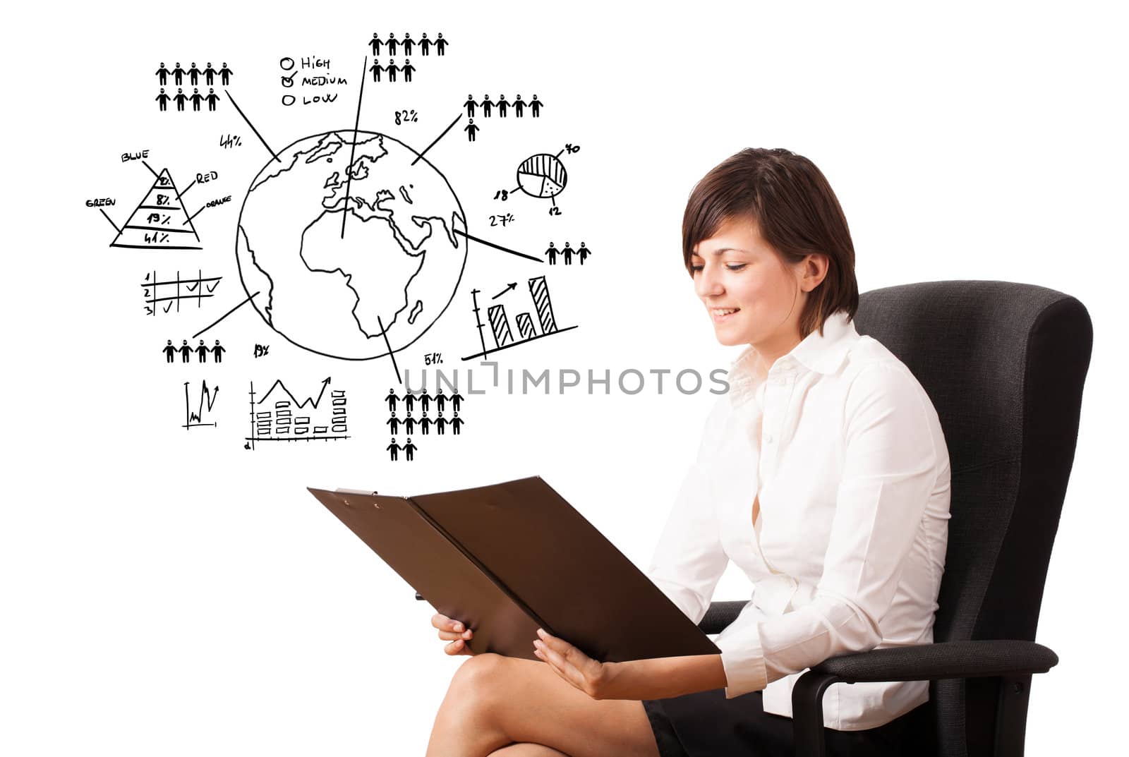 Young woman presenting globe with various diagrams isolated on white