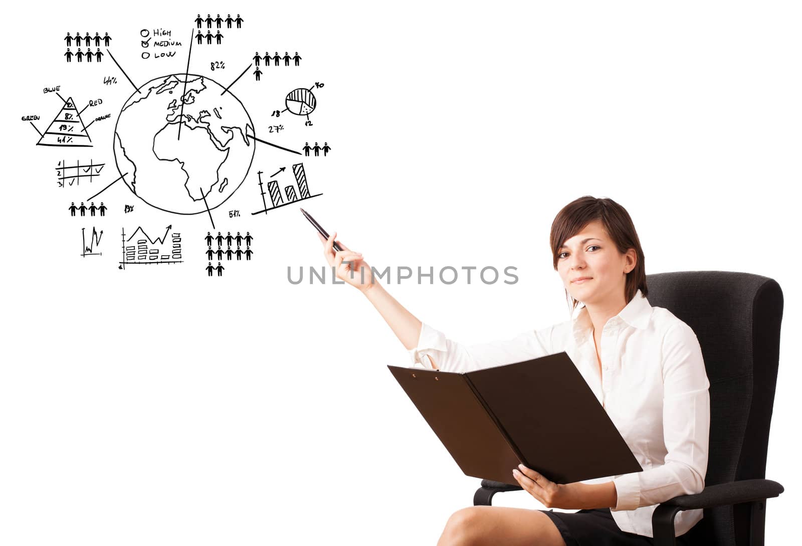 Young woman presenting globe with diagrams isolated on white by ra2studio
