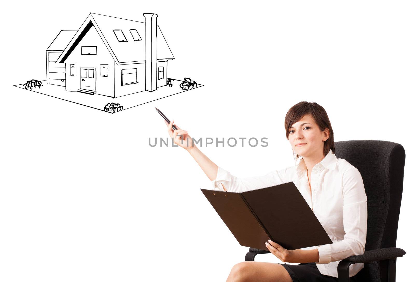 Young business woman presenting a house on whiteboard isolated on white