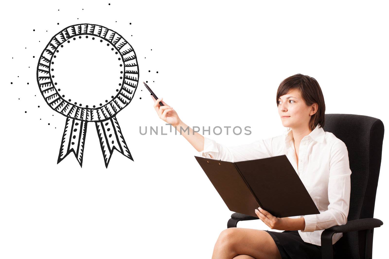 Young business woman presenting a ribbon isolated on white