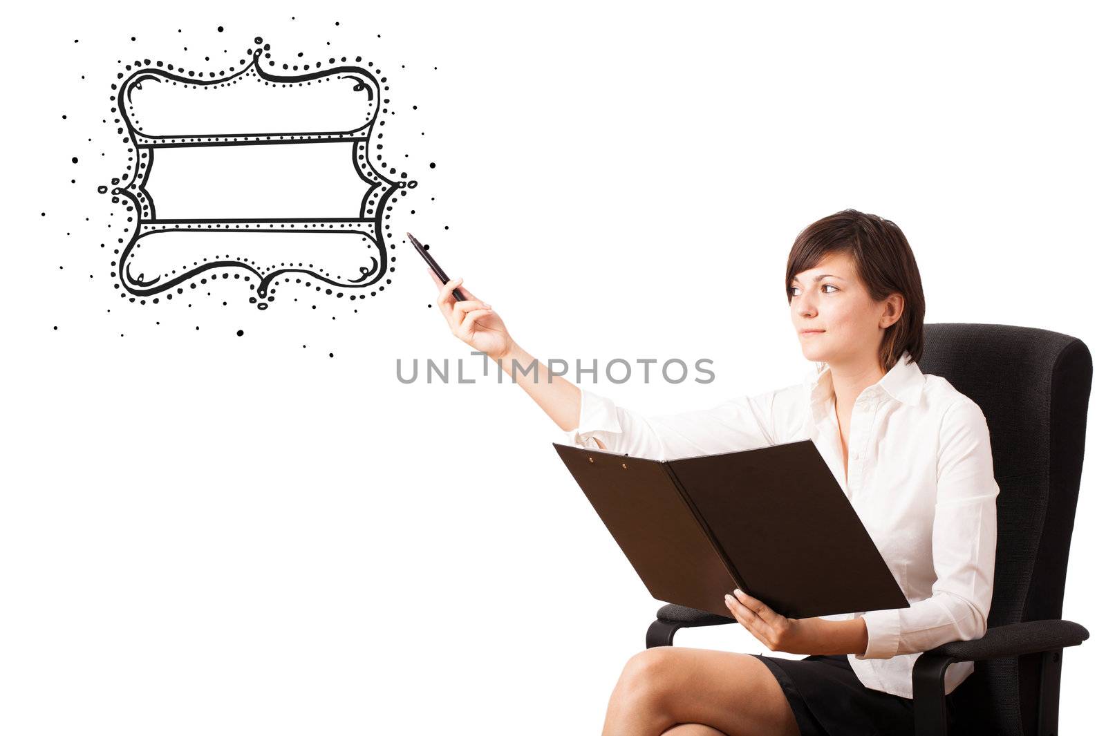 Young woman presenting a quality vintage label isolated on white