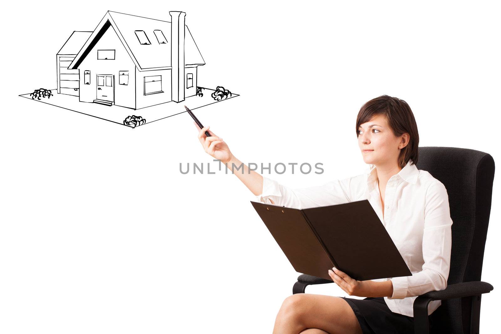 Young business woman presenting a house on whiteboard by ra2studio