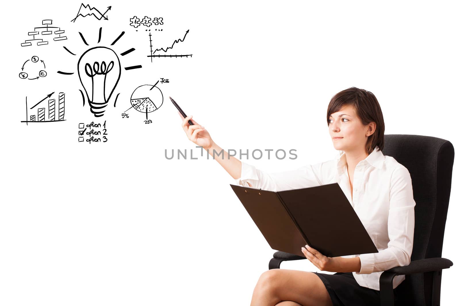 Young business woman presenting light bulb with various diagrams by ra2studio