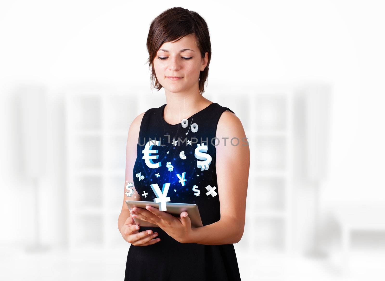 Young woman looking at modern tablet with currency icons by ra2studio