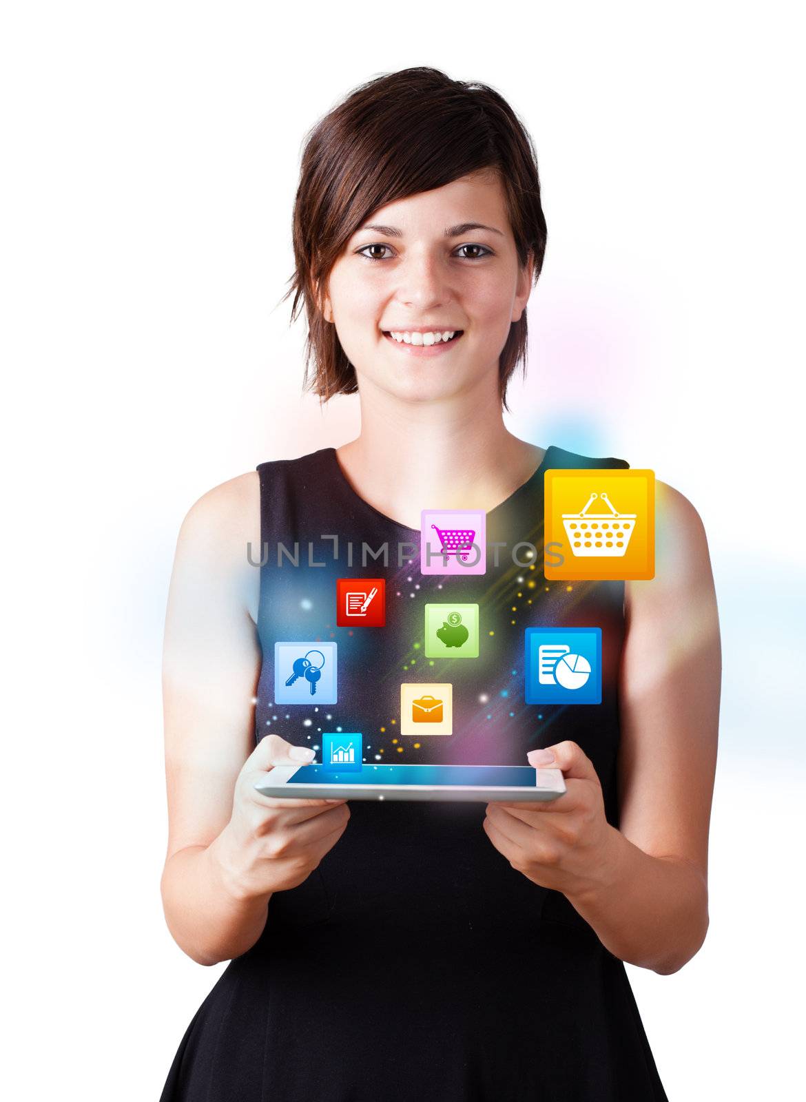 Young business woman looking at modern tablet with colourful icons