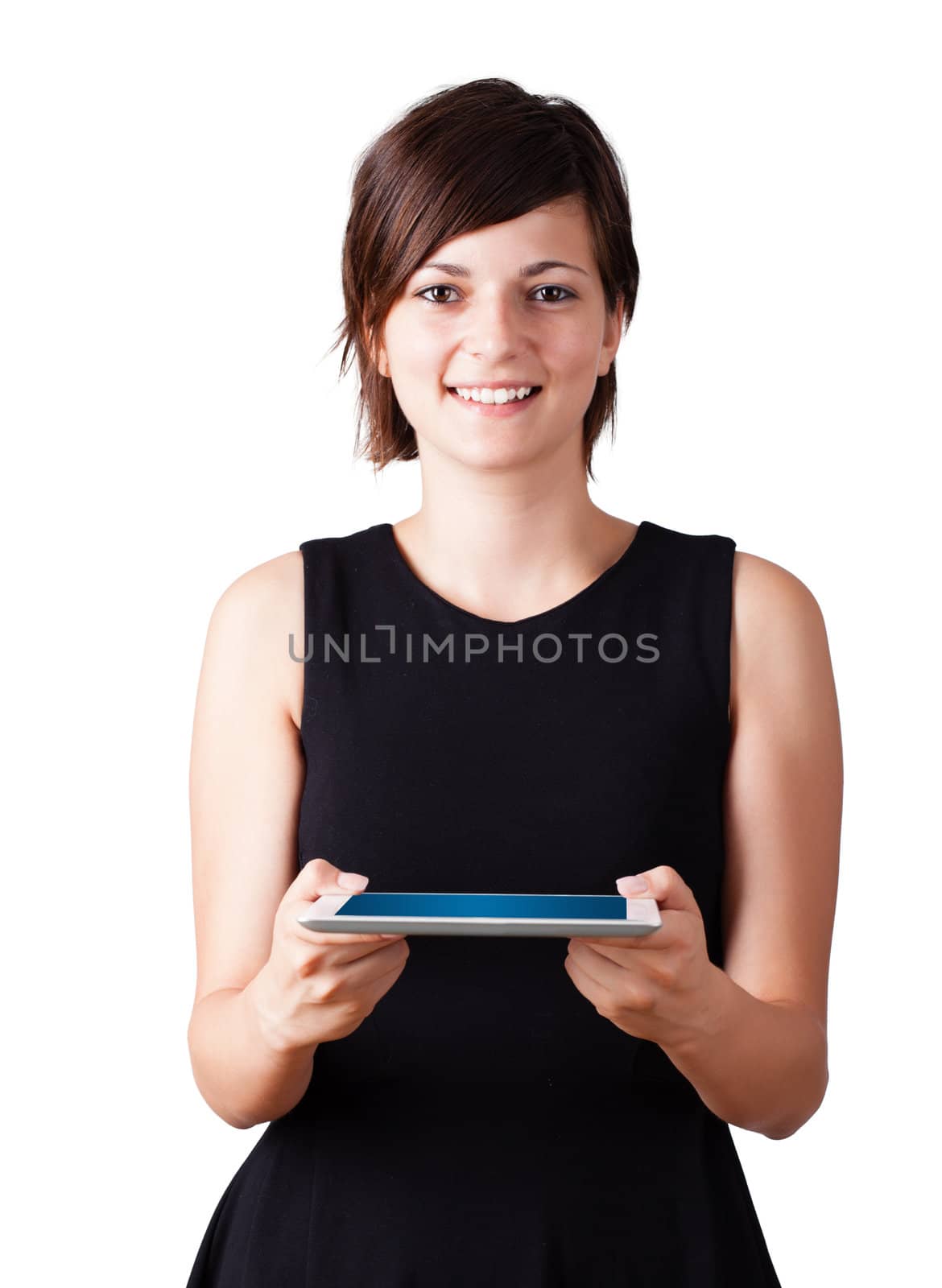 Young business woman looking at modern tablet