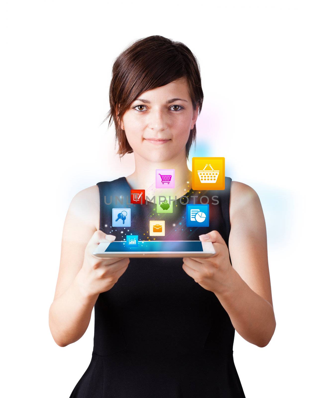 Young woman looking at modern tablet with colourful icons by ra2studio