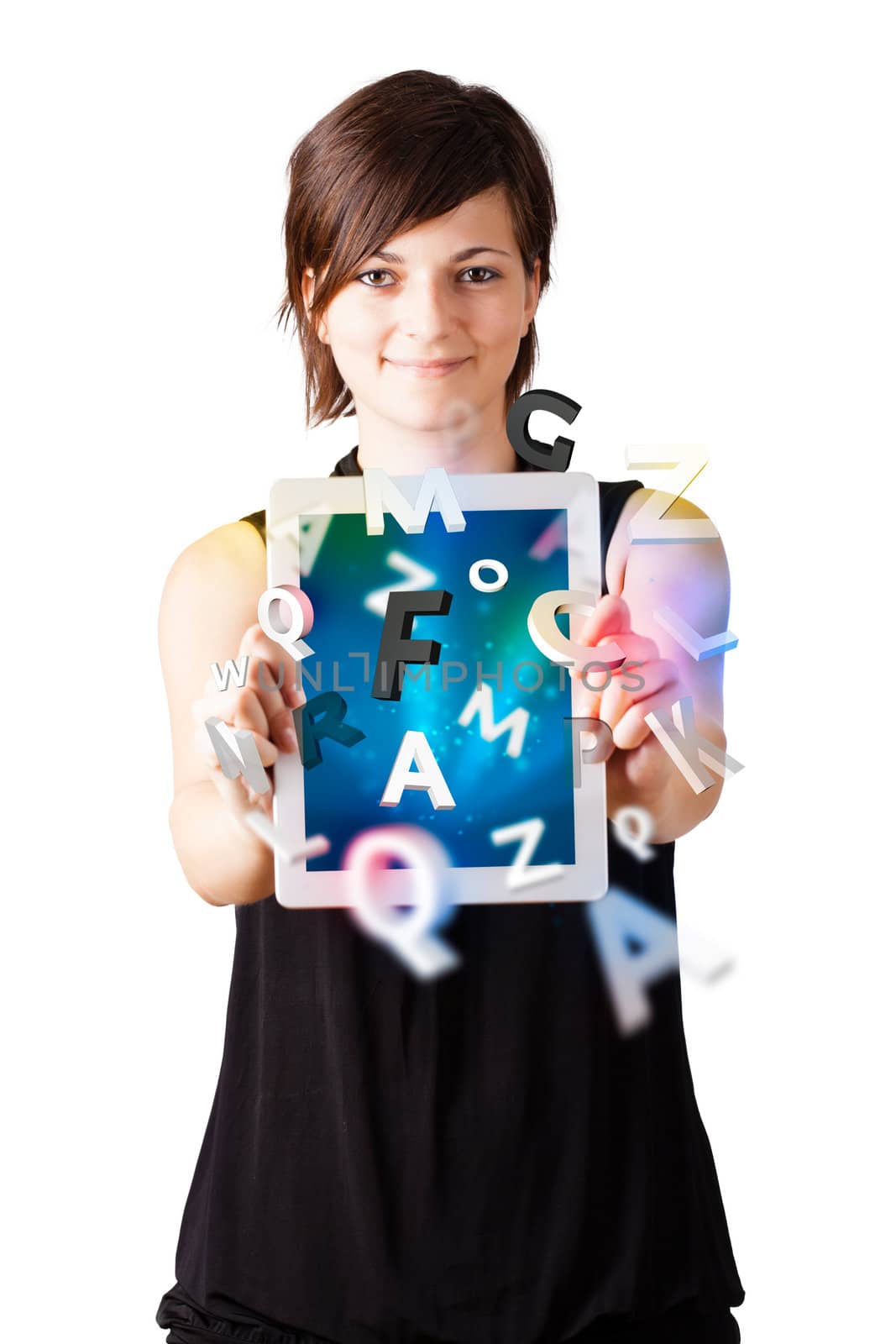 Young business woman looking at modern tablet with alphabet