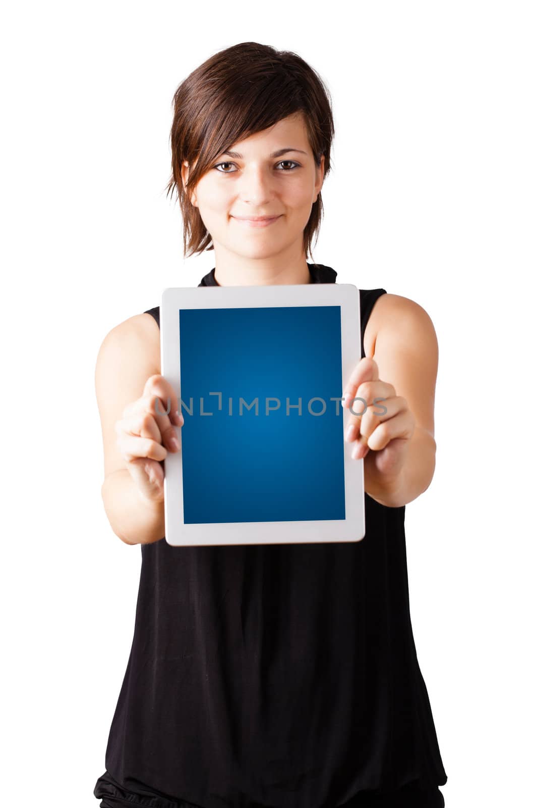 Young business woman looking at modern tablet