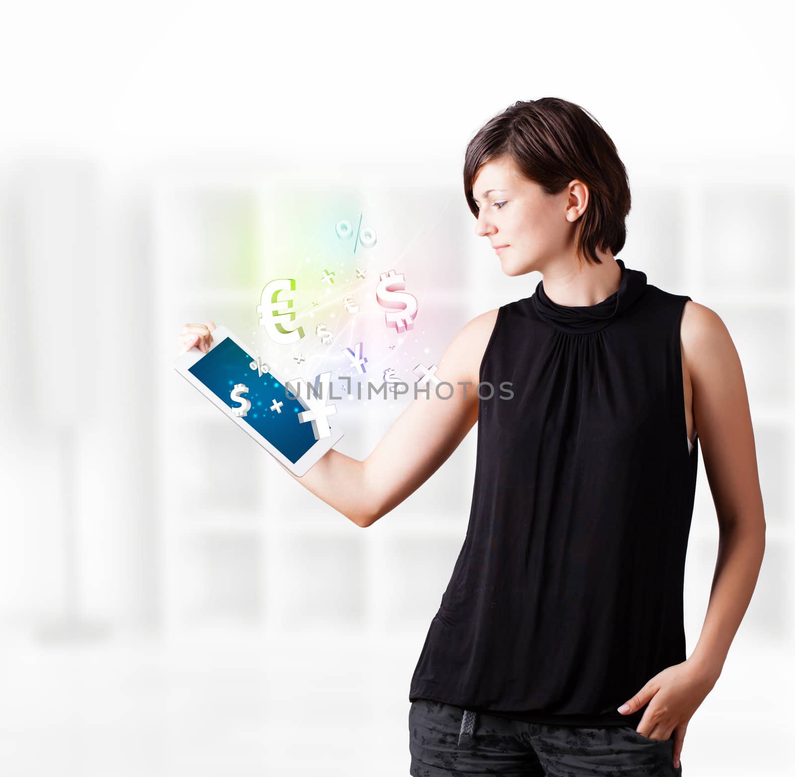 Young woman looking at modern tablet with currency icons by ra2studio