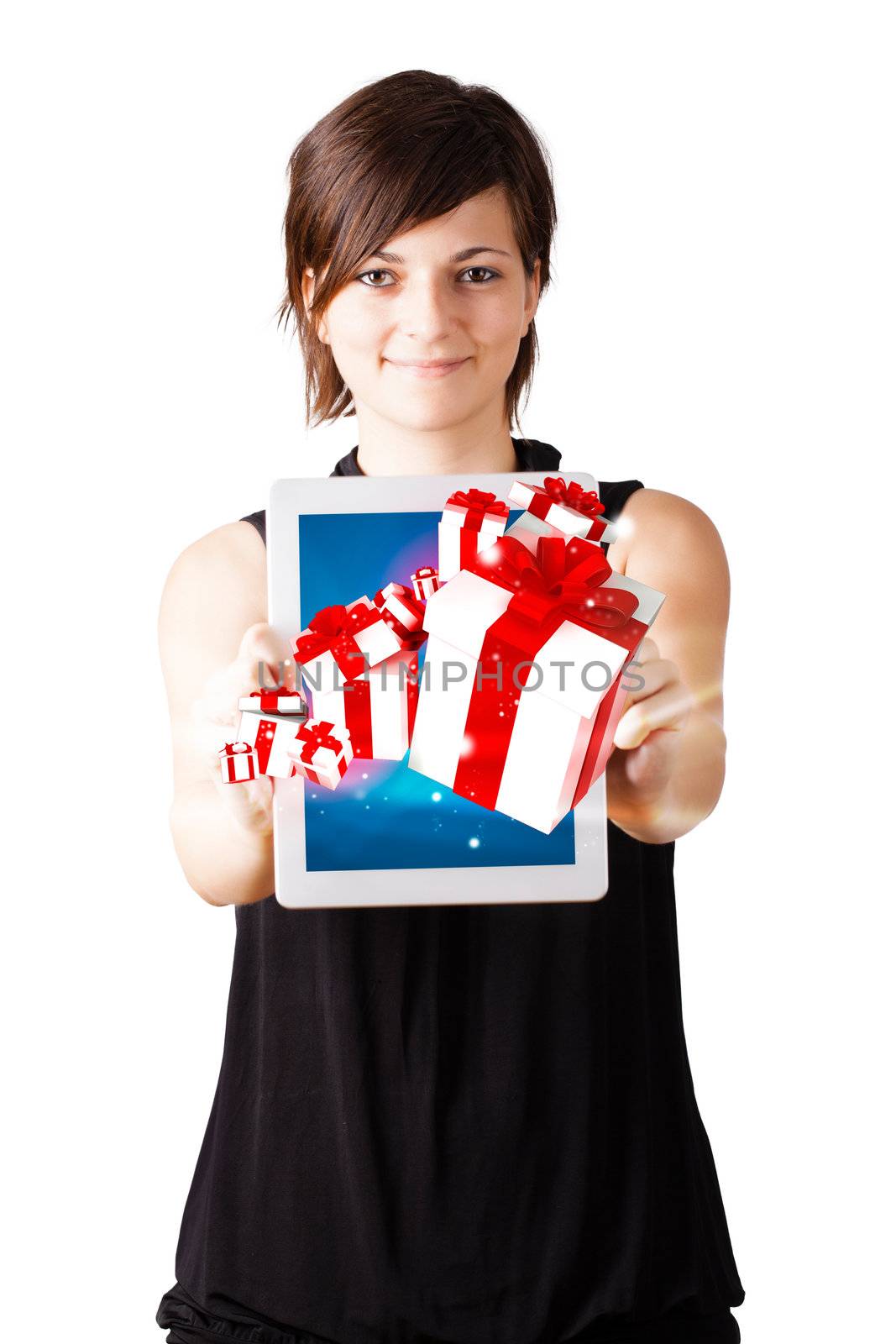 Young business woman looking at modern tablet with present boxes