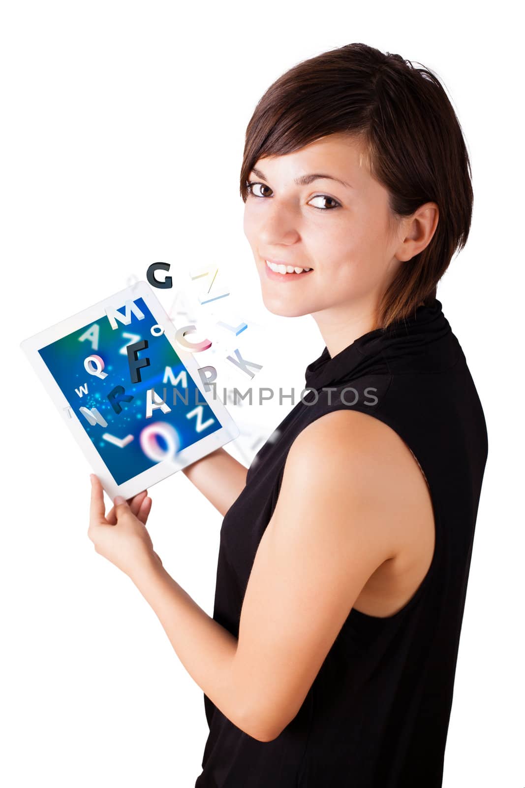 Young business woman looking at modern tablet with alphabet