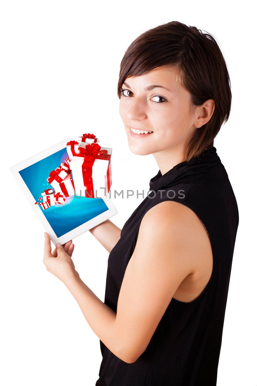 Young business woman looking at modern tablet with present boxes