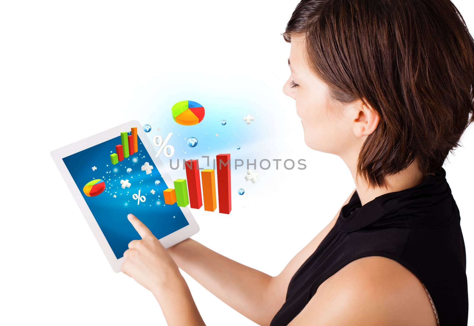 Young business woman looking at modern tablet with colourful diagrams