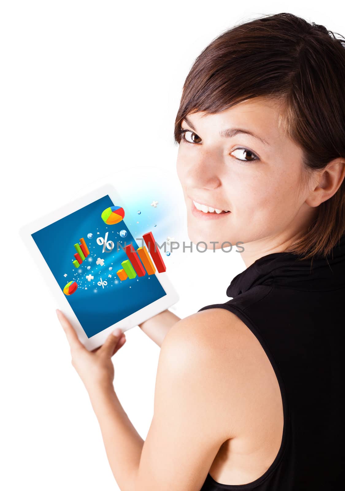Young business woman looking at modern tablet with colourful diagrams