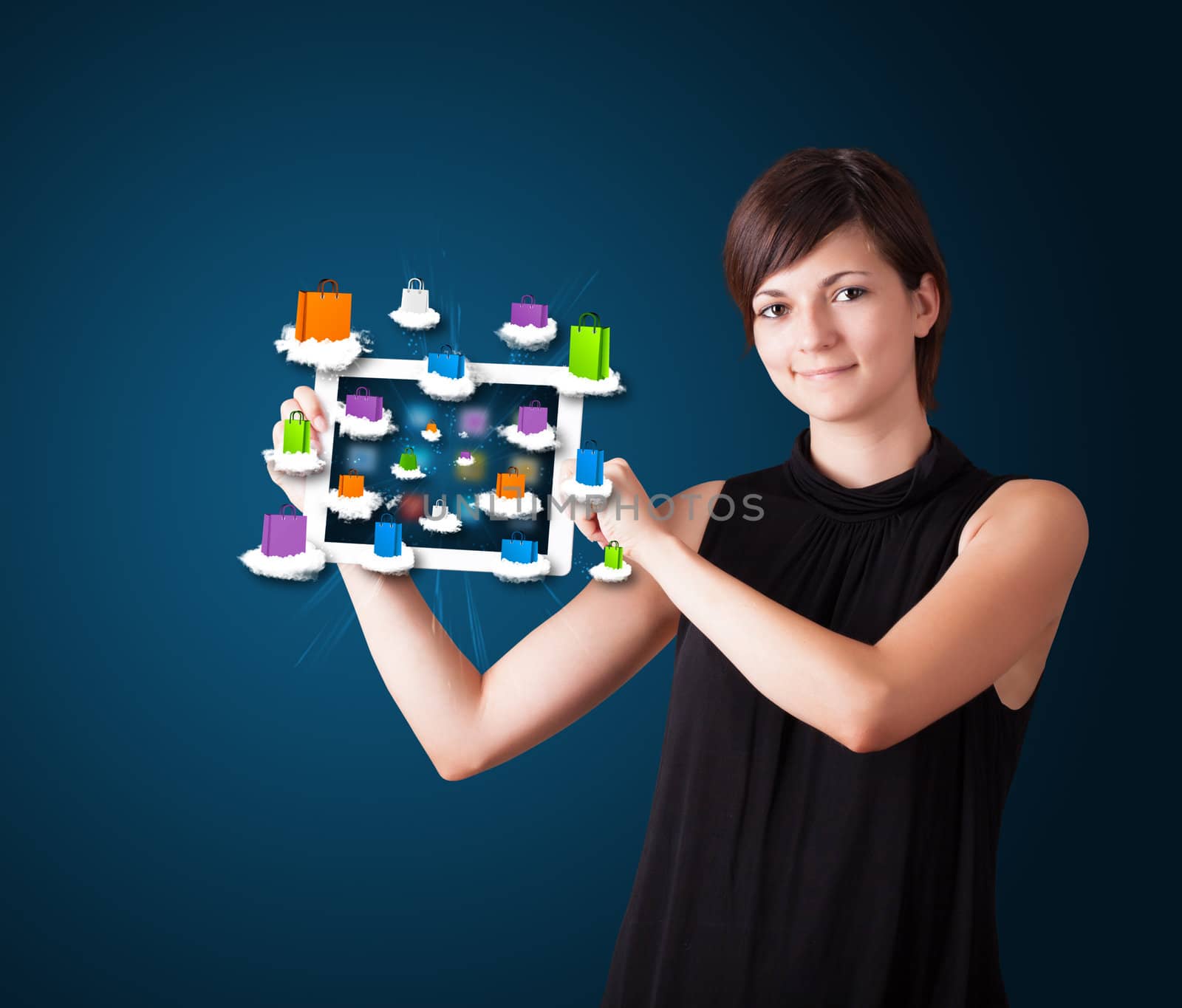 woman holding modern tablet with colorful shopping bags on cloud by ra2studio