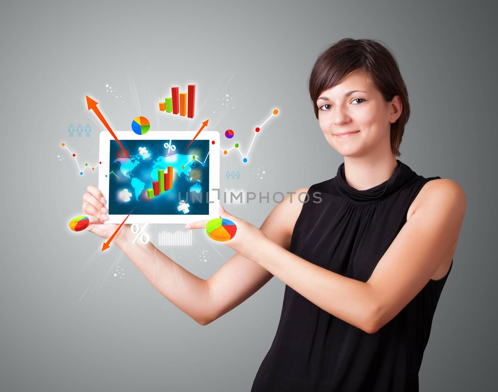 beutiful woman holding modern tablet with colorful diagrams and graphs