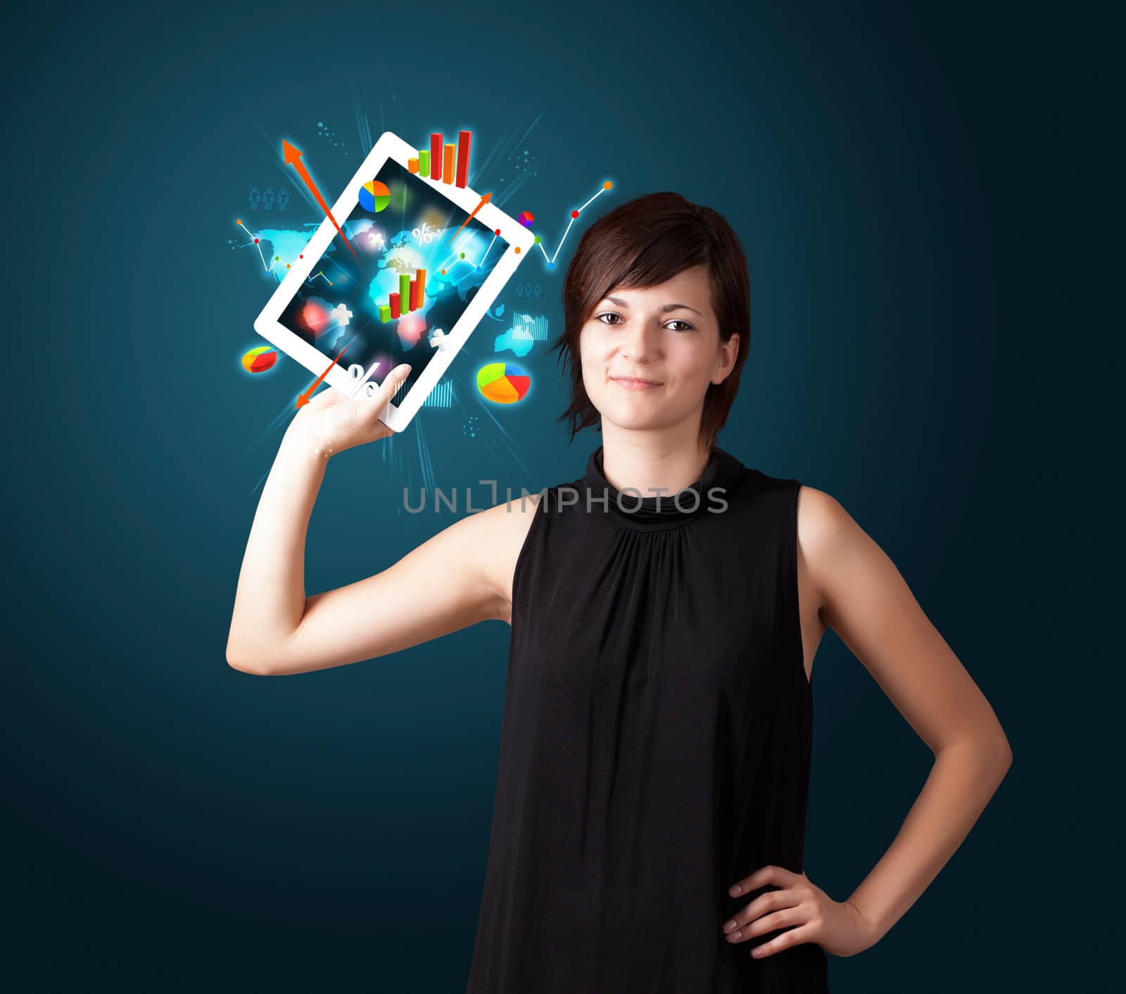 beutiful woman holding modern tablet with colorful diagrams and graphs